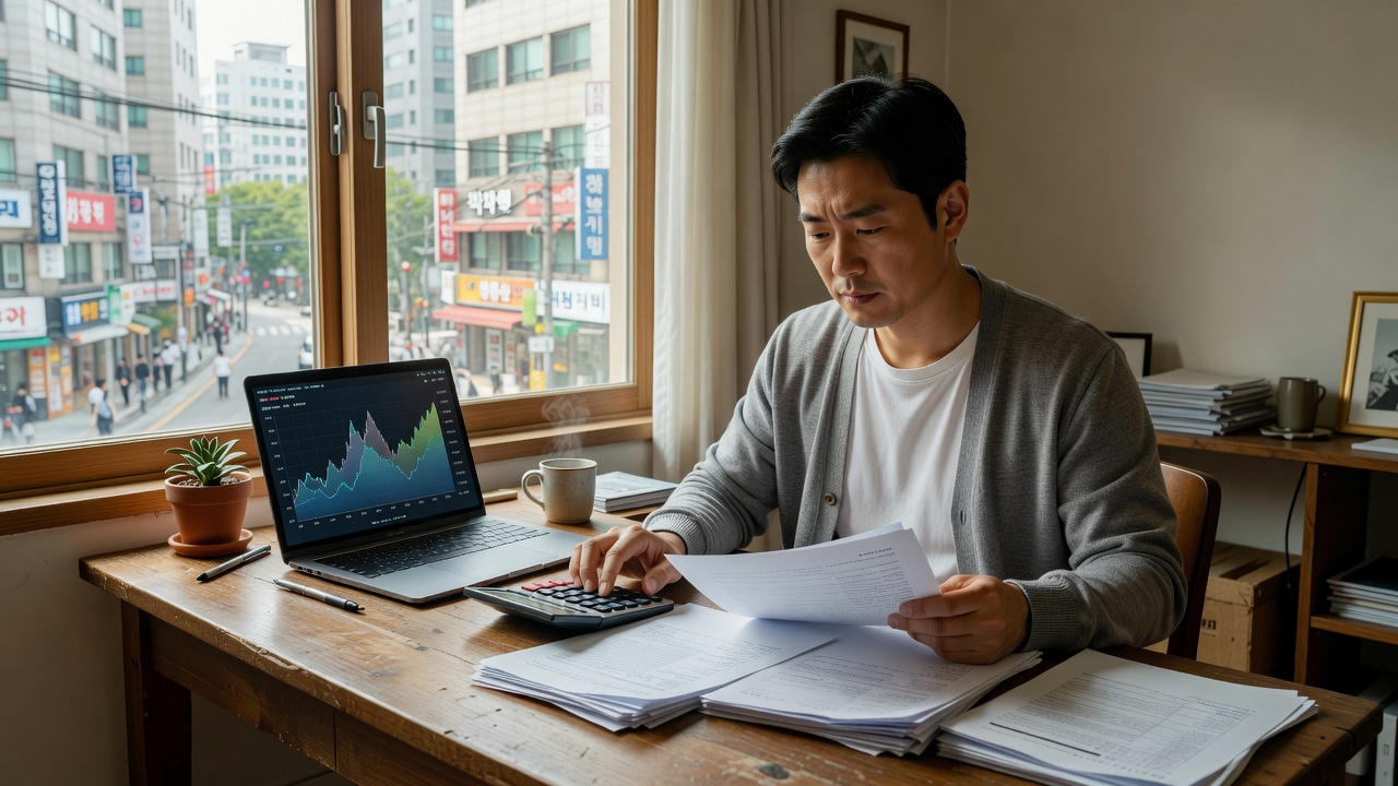 비트코인 세금 규정에 따라 서류를 정리하는 한국인의 일상적인 세무 작업 장면